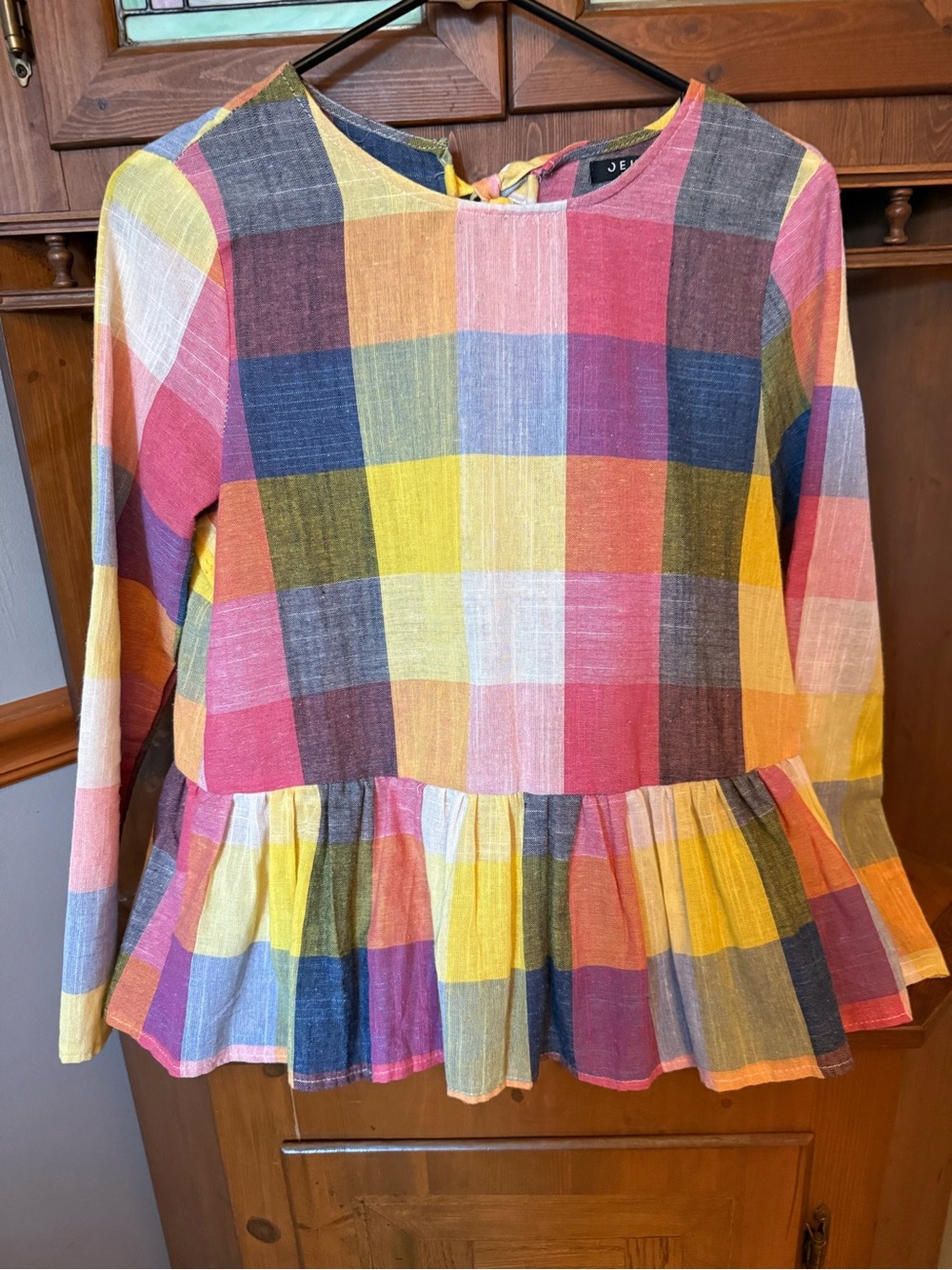 Oeuvre 100% cotton rainbow plaid peplum blouse S